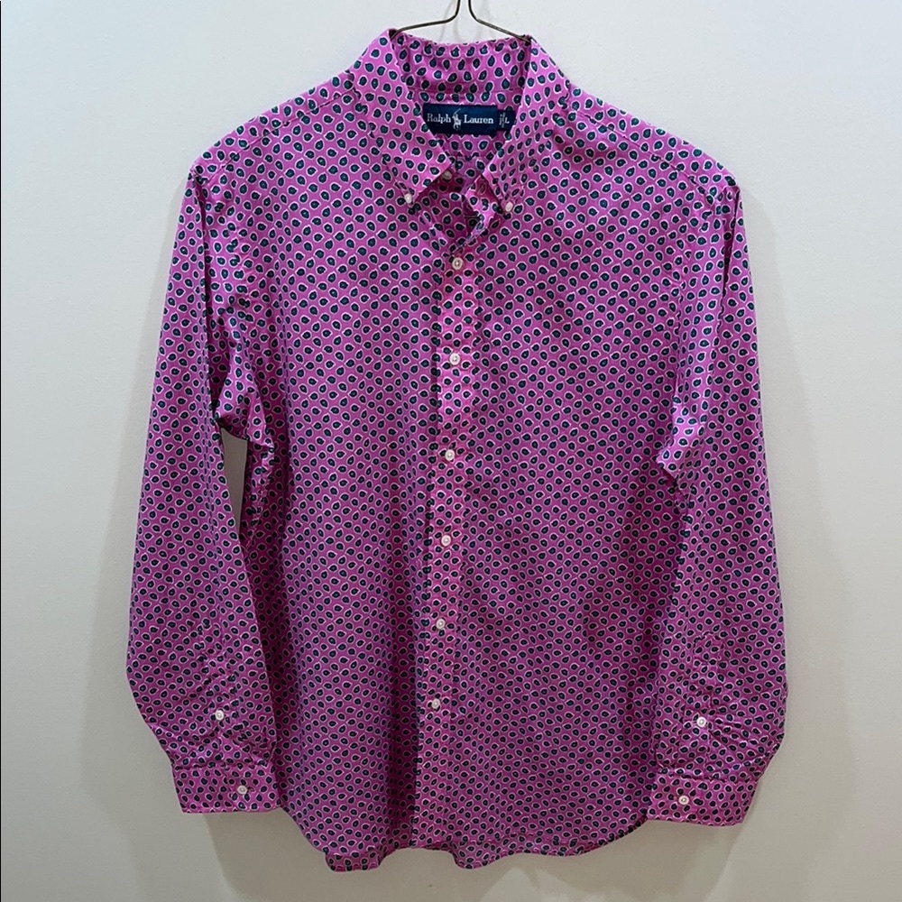 Ralph Lauren Men’s Pink With Green Paisley Pattern Button Down Shirt. Large.